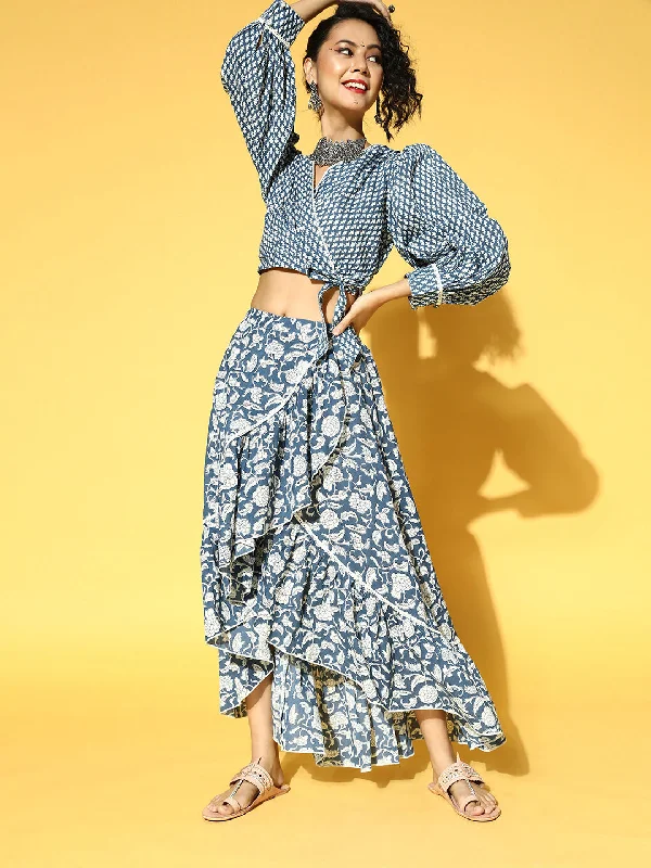 Women's Blue & White Printed Pure Cotton Top & Skirt - Yufta wool skirt warm