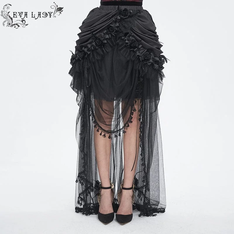 Women's Gothic Drawstring Rose Mesh Splice Skirt chiffon skirt delicate