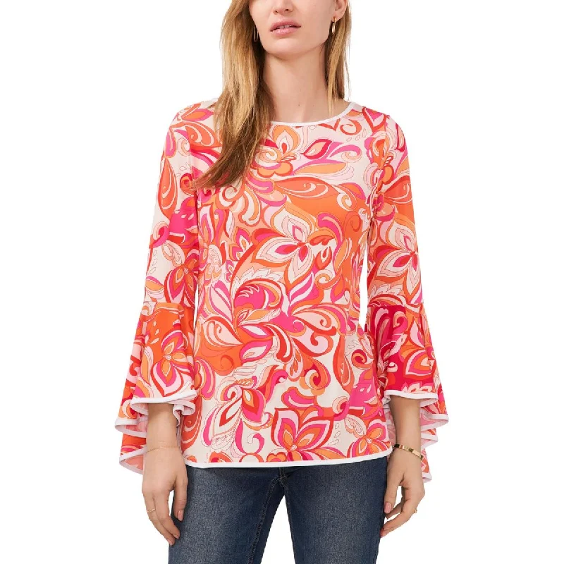Sam and Jess Womens Bell Sleeve Printed Blouse Pleated Collar Blouse