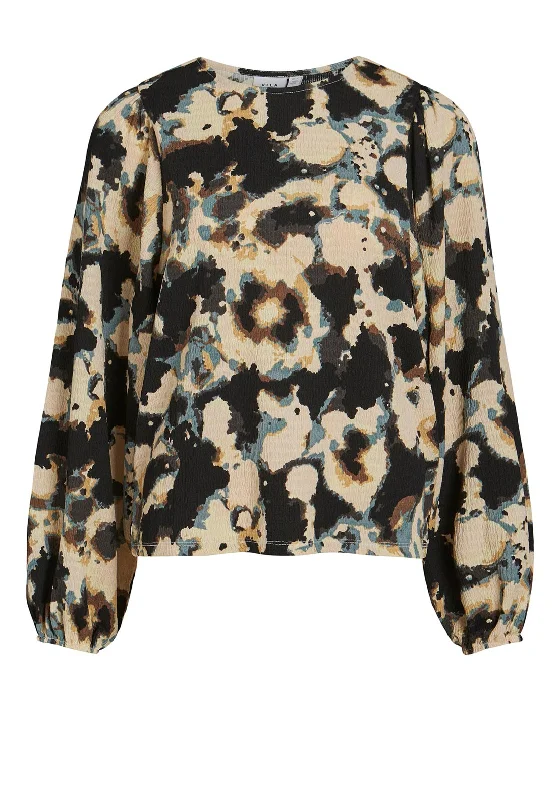 Vila Caia Maya Ink Dye Blouse, Black Drape Neck Blouse