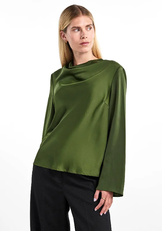 Y.A.S Selmi Cowl Neck Blouse, Rifle Green Gathered Detail Blouse